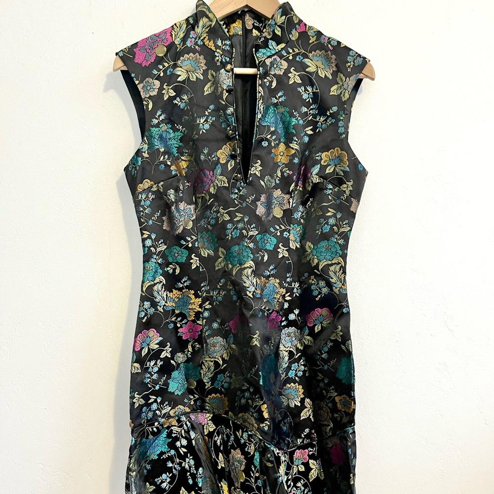 Black Metallic Chinoise Asian Cocktail Mandarin Collar Formal Mini Dress